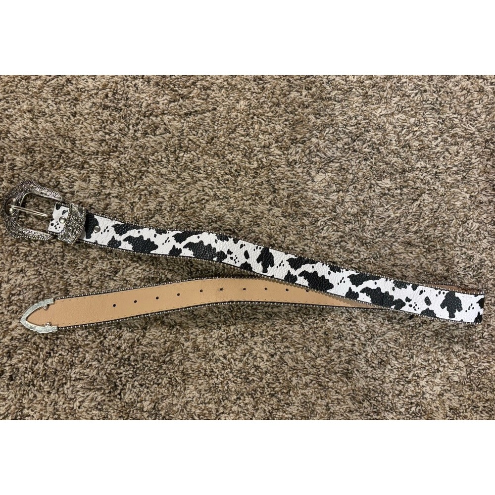 Vintage Cow Print Leather Belt Western Embroidery Silver Buckle Womens Multi